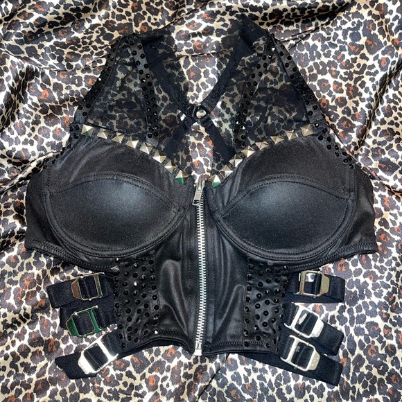 Tops - Studded Black Rhinestone Bustier Buckle Crop Top